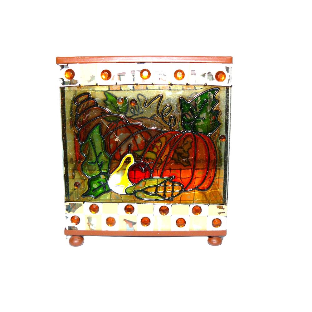 Vintage Stained Glass Fall-Themed Candle Holder With Pumpkin & Leaf Design
